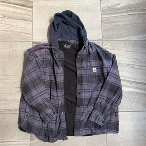 Carhartt Plaid Thick Hooded Shirt Jacket in Navy and Black